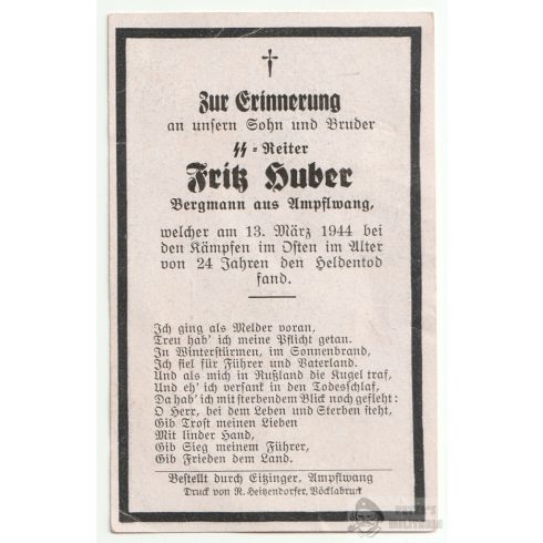SS Reiter halálozási értesítő - 1944