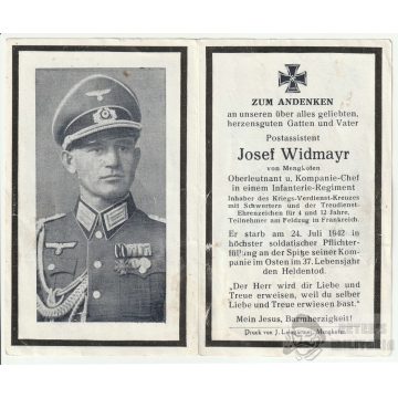   Gyalogos százados parádépánttal - halálozási értesítő 1942