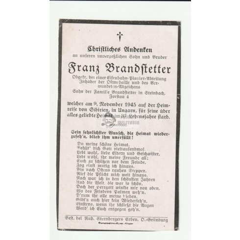 Halálozási értesítő (HUN) - Brandstätter Franz / Máramarossziget