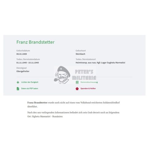 Halálozási értesítő (HUN) - Brandstätter Franz / Máramarossziget