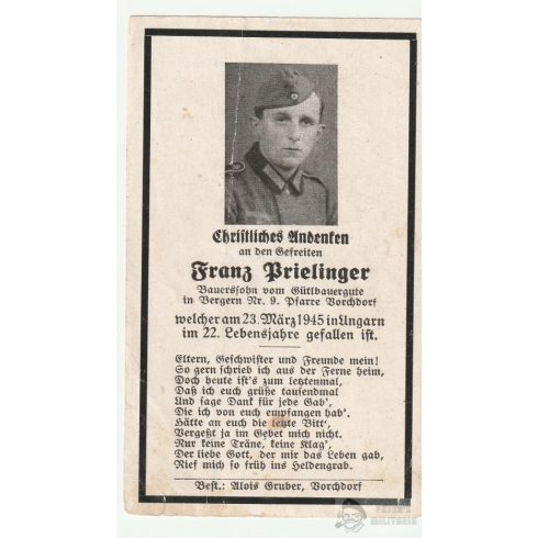 Halálozási értesítő (HUN) - Franz Prielinger / Magyarország
