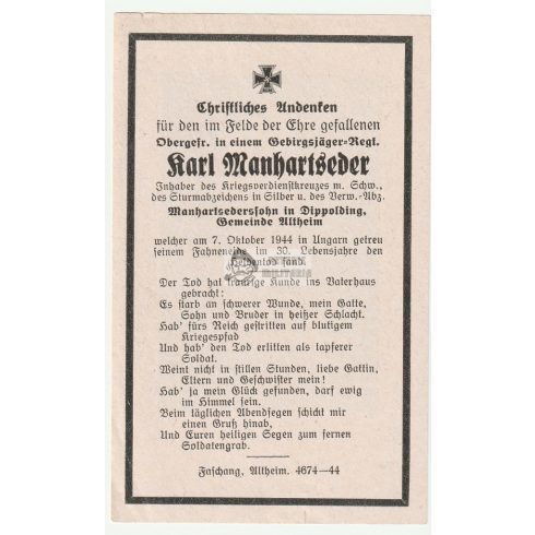 Halálozási értesítő (HUN) - Karl Manhartseder / Magyarországon