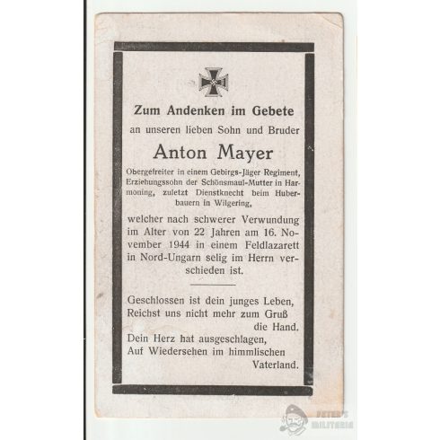 Halálozási értesítő (HUN) - Anton Mayer / Észak-magyarországi katonai órház
