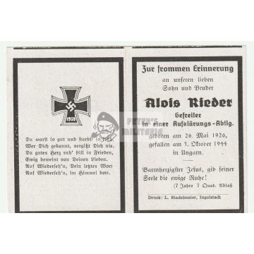 Halálozási értesítő (HUN) - Alois Rieder / Mezőrücs