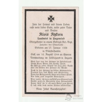   Halálozási értesítő (HUN) - Alois Atzkern / Magyar katonai kórház