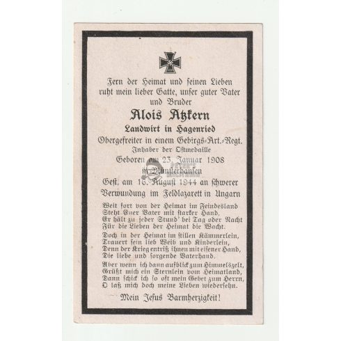 Death card (HUN) - Alois Atzkern / Magyar katonai kórház