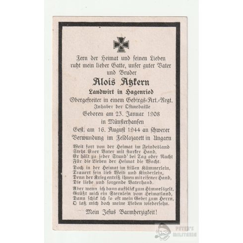 Halálozási értesítő (HUN) - Alois Atzkern / Magyar katonai kórház