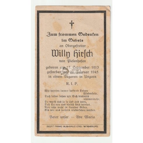 Death card (HUN) - Willy Hirsch / Hungarian military hospital