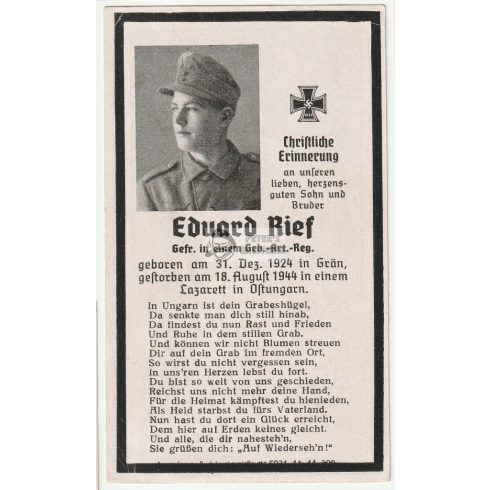 Death card (HUN) - Eduard Rief / Easter-hungarian military hospital