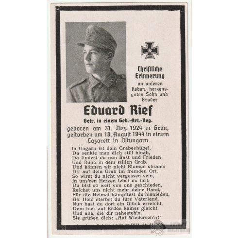 Halálozási értesítő (HUN) - Eduard Rief / Kelet-magyarországi katonai kórház