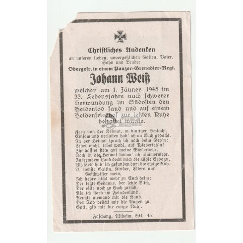 Halálozási értesítő (HUN) - Johann Weiss / Szombathely 