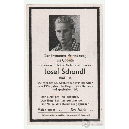 Halálozási értesítő (HUN) - Josef Schandl / Magyarország 