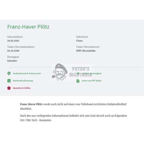 Halálozási értesítő (HUN) - Franz Xaver Plötz / Beresztelke