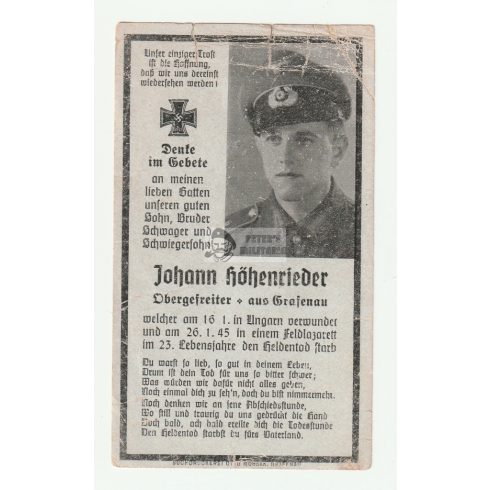 Death card (HUN) - Johann Höhenrieder / Military hospital