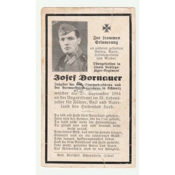   Halálozási értesítő  - Josef Dornauer / "Ungarnfront"