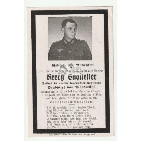 Death card (HUN) - Georg Sagstetter / Hungarian military hospital