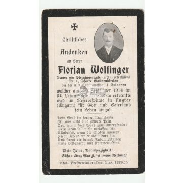   Halálozási értesítő (HUN) - Florian Wolfinger / Ungvár - I. világháború