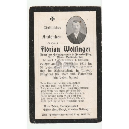 Death card (HUN) - Florian Wolfinger / Ungvar WW1
