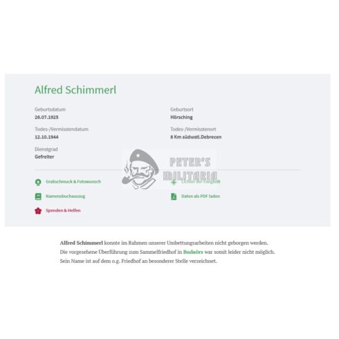Halálozási értesítő (HUN) - Alfred Schimmerl "Feldherrnhalle" / Debrecen 