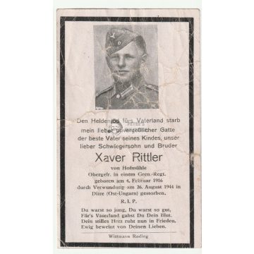   Halálozási értesítő (HUN) - Xaver Rittler / Gyergyóditró