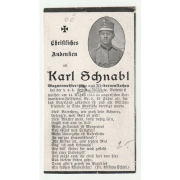   Halálozási értesítő (HUN) - Karl Schnabl / Magyar katonai kórház  I. világháború