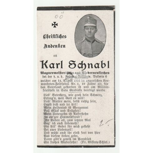 Death card (HUN) - Karl Schnabl / Hungarian military hospital WW1