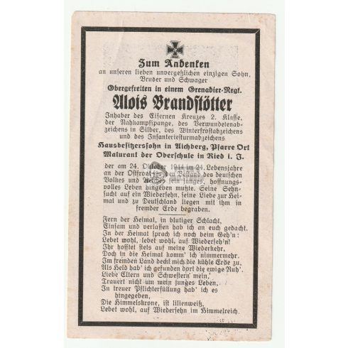 Halálozási értesítő (HUN) - Alois Brandstötter - Kállósemjén / 5 kitüntetés! 