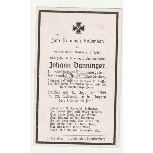 Halálozási értesítő (HUN) - Johann Danninger - Marcali