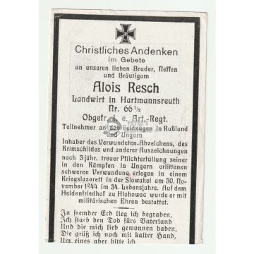   Halálozási értesítő (HUN) - Alois Resch - Galgóc, Kriegslazarett 913.