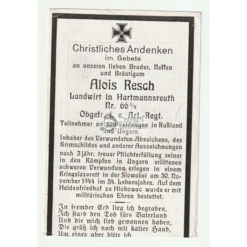 Halálozási értesítő (HUN) - Alois Resch - Galgóc, Kriegslazarett 913.