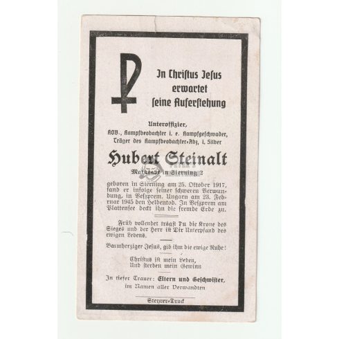Halálozási értesítő (HUN) - Hubert Steinalt, SS Untersturmführer - Veszprém