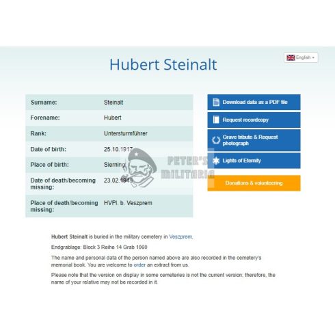 Halálozási értesítő (HUN) - Hubert Steinalt, SS Untersturmführer - Veszprém