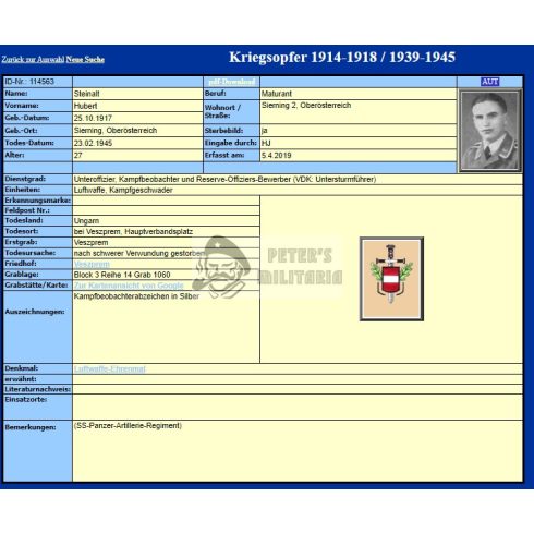 Halálozási értesítő (HUN) - Hubert Steinalt, SS Untersturmführer - Veszprém