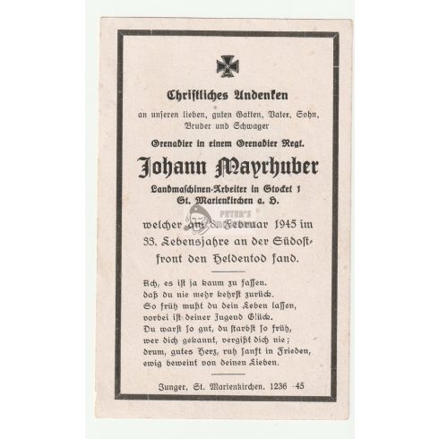 Halálozási értesítő (HUN) - Johann Mayrhuber - Esztergom