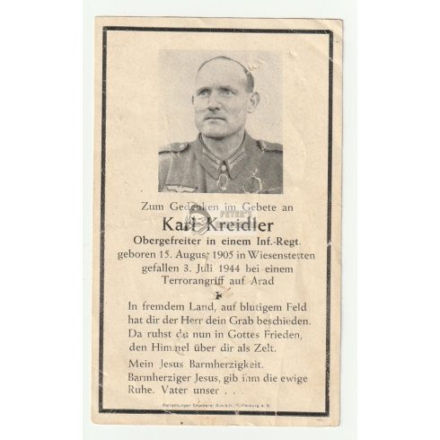 Halálozási értesítő (HUN) - Karl Kreidler - Arad bombázása