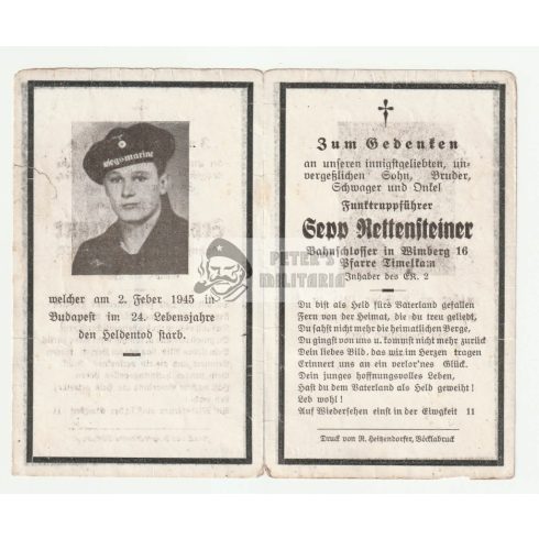 Halálozási értesítő (HUN) - S. Rettensteiner / BUDAPEST Kriegsmarine