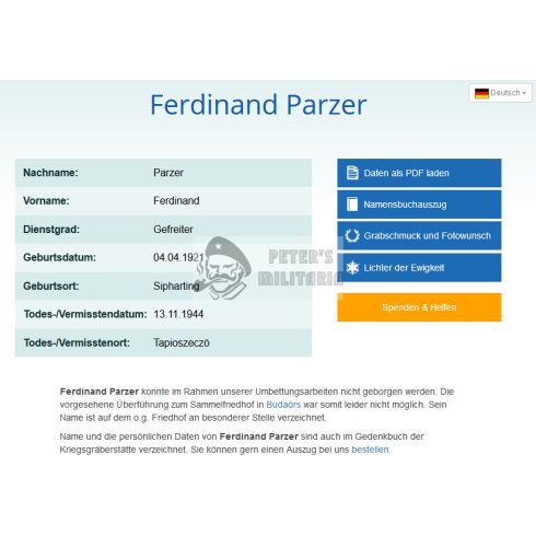 Halálozási értesítő (HUN) - Ferdinand Parzer - Tápiószecső