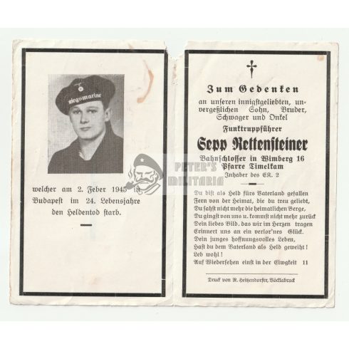 Halálozási értesítő (HUN) - S. Rettensteiner / BUDAPEST Kriegsmarine