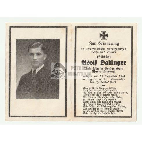 Halálozási értesítő (HUN) - Adolf Dallinger - SS Schütze