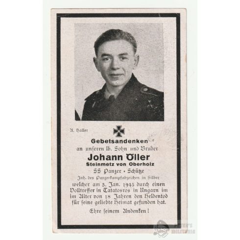 Halálozási értesítő (HUN) Johann Öller - SS Páncélos, Bajna - Konrad I. 