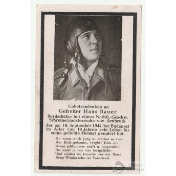   Halálozási értesítő (HUN) Hans Bauer - LW Nachtjäger - Budapest