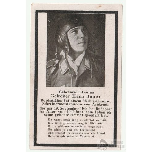 Halálozási értesítő (HUN) Hans Bauer - LW Nachtjäger - Budapest