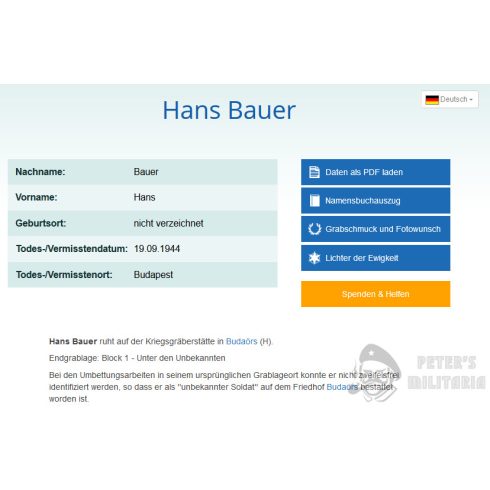 Halálozási értesítő (HUN) Hans Bauer - LW Nachtjäger - Budapest
