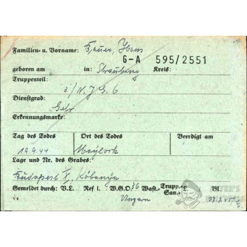 Halálozási értesítő (HUN) Hans Bauer - LW Nachtjäger - Budapest