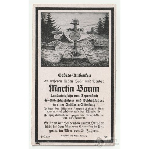 Halálozási értesítő (HUN) Martin Baum SS Unterscharführer - Kenderes