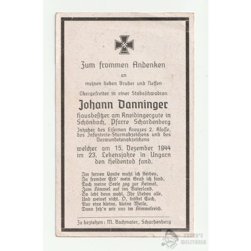 Halálozási értesítő (HUN) - Johann Danninger - Marcali 
