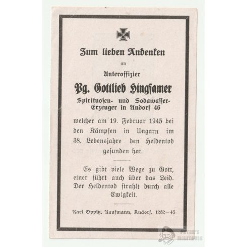 Halálozási értesítő (HUN) - Gottlieb Hingsamer - Epöl