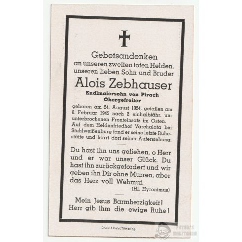 Halálozási értesítő (HUN) - Várpalota /1. Panzer Division 