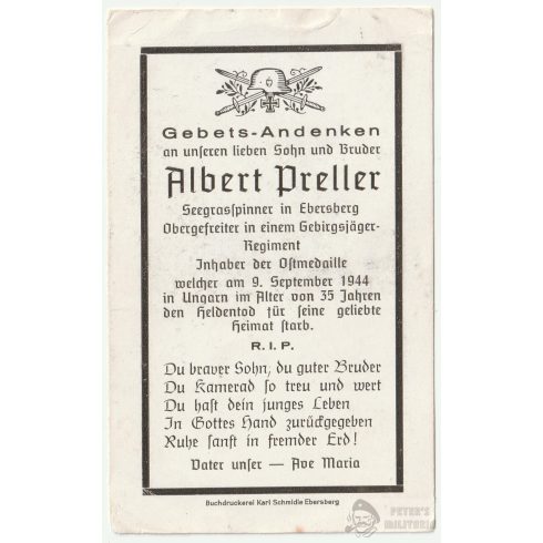 Halálozási értesítő (HUN) - Albert Preller/Nagyszeben