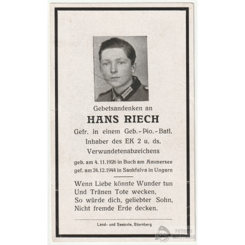 Halálozási értesítő (HUN) - Hans Riech / Sánkfalva